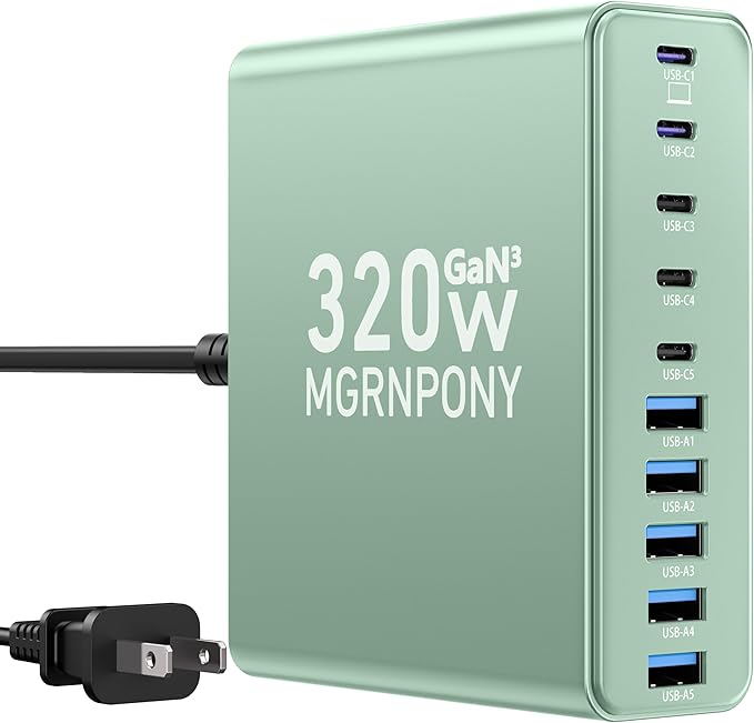320W USB C Charger Block, MGRNPONY 10-Port GaN USB C Charging Station Green | PD 65W Laptop Fast Charger Adapter for MacBook Pro/Air, DELL, iPad, iPhone, Samsung Galaxy by MGRNPONY