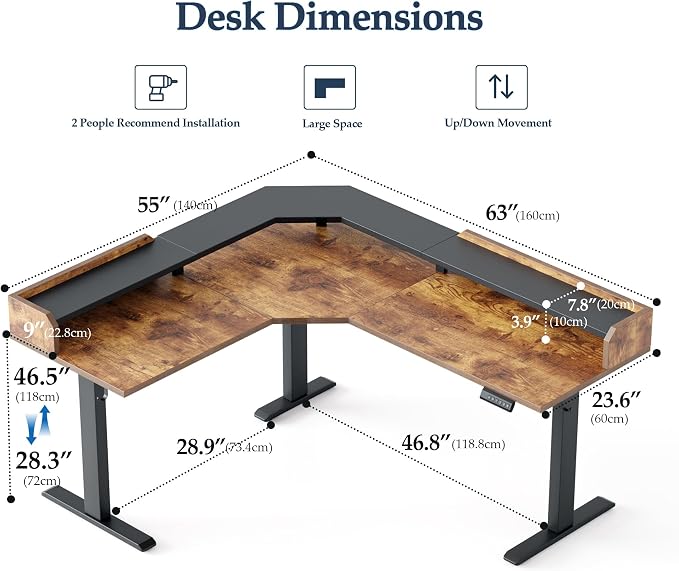 Klicelor L Shaped Electric Standing Desk 63 x 55 inch with Shelf, Height Adjustable Corner Desk, Sit Stand Desk with Storage Shelf, Home Office Computer Table, Rustic Brown - Image 2