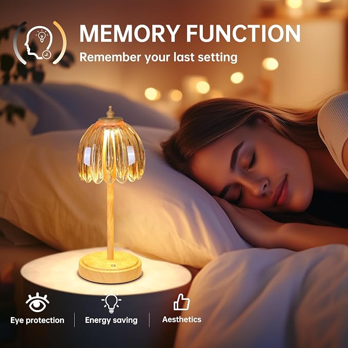 Shenmoyl Tulip Table Lamp with 5200mAh Battery & Touch Control, Small Cordless Table Lamp with 3 Colors, Rechargeable Battery Operated Table Lamps for Bedroom, Desk, Bedside (Amber-Beech Color) - Image 8