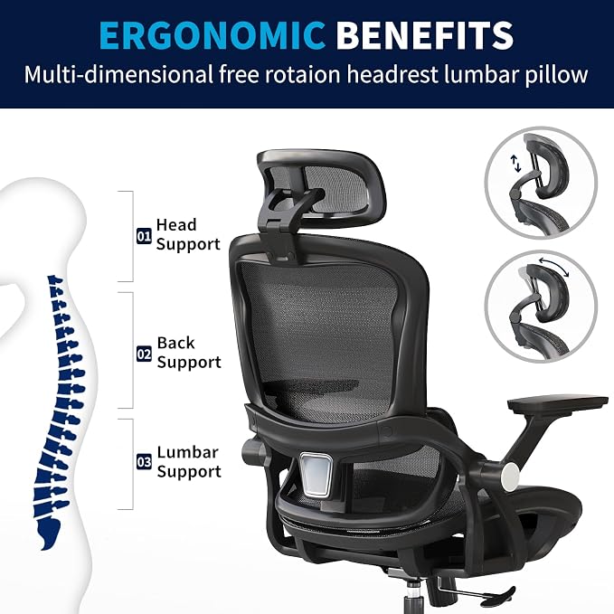 Office Chair Ergonomic Desk Chair with Lumbar Support&Headrest&Flip-up Arms Height Adjustable Rocking Swivel High Back Computer Chair Multi-Angle from 90° to 130° with 350LBS Capacity(04black) - Image 4