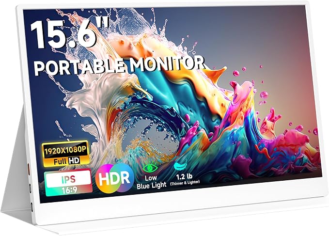 AYY Portable Monitor 15.6inch 1080P FHD - USB-C/HDMI Computer Display, HDR IPS Gaming Monitor Compatible with Laptop PC MAC Phone PS4 Xbox Switch, w/Smart Cover, Dual Speakers - White by AYYPortableMonitor