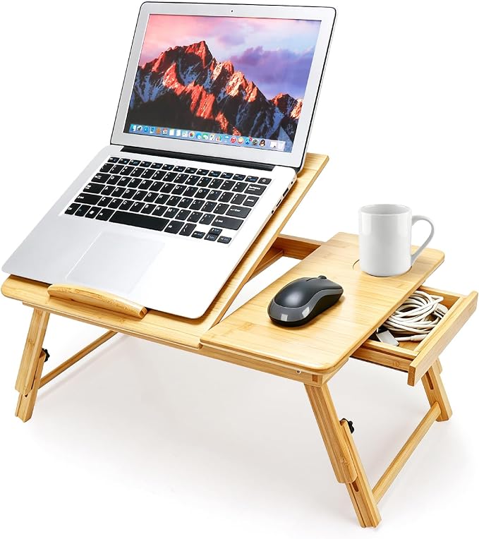 Laptop Desk for Bed, Foldable Bed Tray, Adjustable Angle & Height | Bamboo Laptop Stand with Cup Holder and Drawer, Portable Lap Desk for Couch Sofa Floor, Ideal for Breakfast, Writing, Drawing by Evernewly