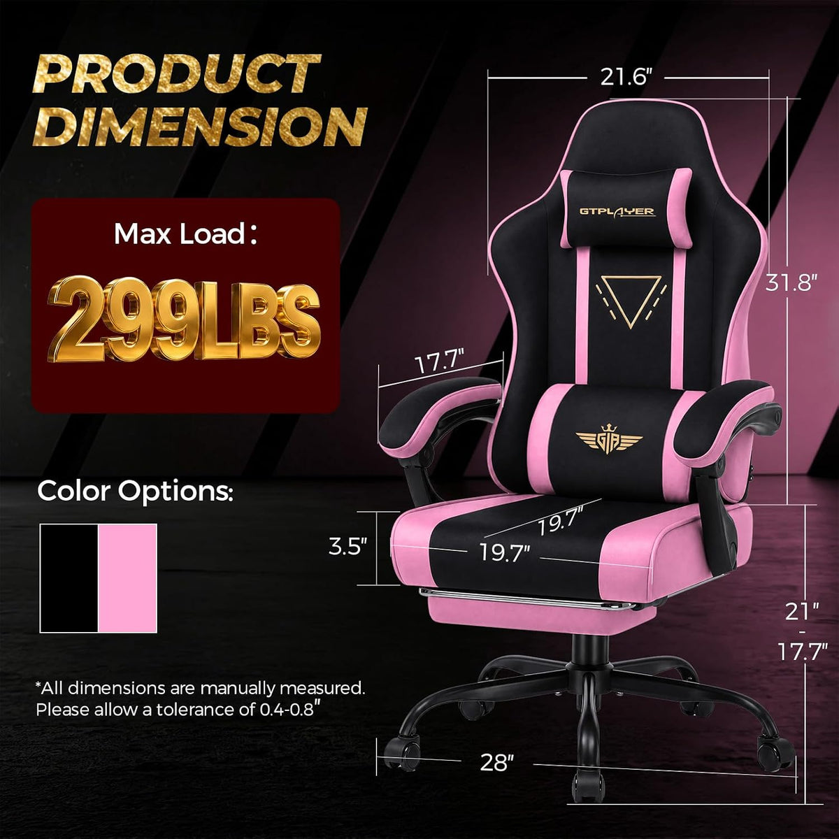 GTPLAYER Video Gaming Chair Fabric, Ergonomic Computer Chair with Footrest and Pocket Spring Cushion, Height Adjustable Video Gamer Chair with Lumbar Support for Adults, Pink - Image 3
