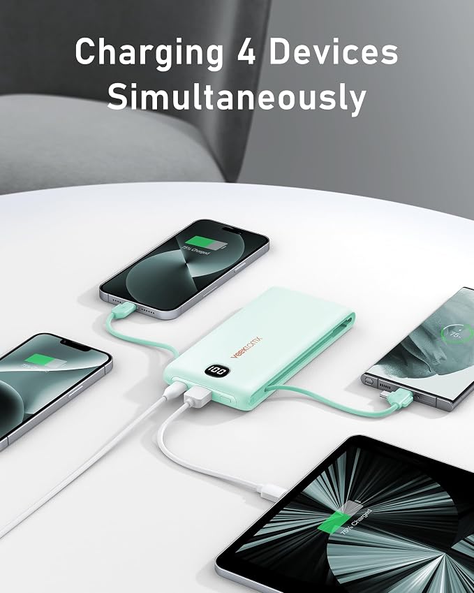 VEEKTOMX 10000mAh Portable Charger with Built-in Cables & Wall Plug | Fast Charging Slim USB-C Power Bank for iPhone, Samsung, iPad | 5 Outputs, Charges 4 Devices, ETL Certified, Cyan - Image 3