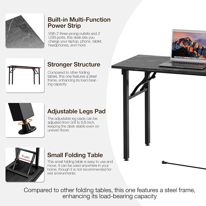 TEMI Small Computer Desk Folding Table - No Assembly, Compact 55.1" Foldable Desk with Power Outlets & USB Charging Port, Portable Small Office Desk, Ideal Mini Study Table, Marble Greige - Image 8