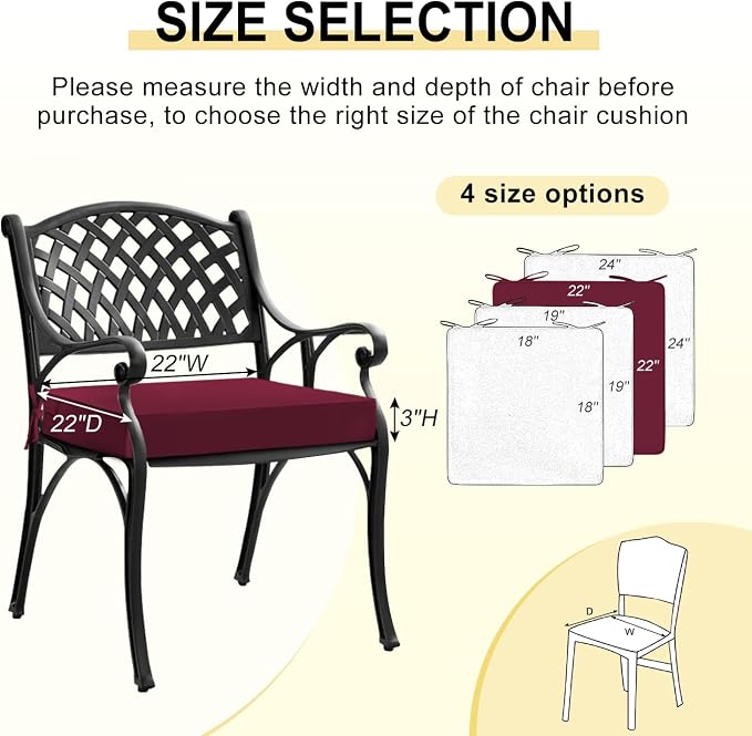 downluxe Waterproof Outdoor Chair Cushions for Patio Furniture, 22" x 22" x 3" Patio Chair Cushion with Adjustable Ties & Portable Handle, Square Outdoor Cushion with Removable Cover, Burgundy, 2 Pack - Image 6