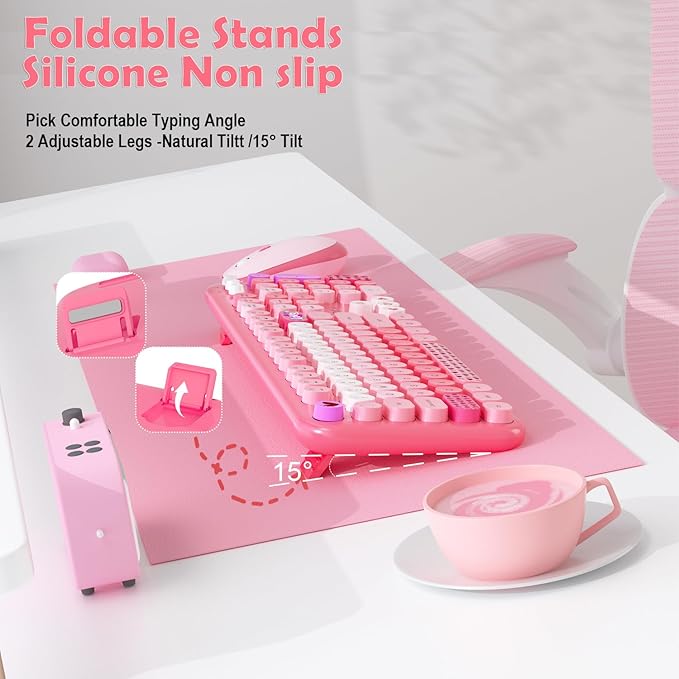 Wireless Keyboard Mouse,104 Full Size Cute Colorful Keyboard and Mouse with Retro Typewriter for PC/Mac/Laptop/Tablet/Computer/Windows/Microsoft, Pink | With Retro Keycaps for PC Mac Laptop Tablet Computer Windows Microsoft Wireless Keyborad Mouse - Image 2