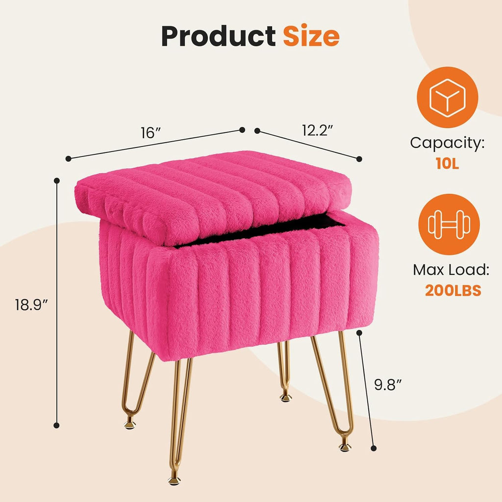 DUMOS Vanity Stool Chair, Ottoman with Storage, Makeup Cute Soft Small Footstool, Modern Style Faux Fur Seat with 4 Metal Legs & Adjustable Feet for Dressing, Living Room, Bedroom, Dorm, Red - Image 3