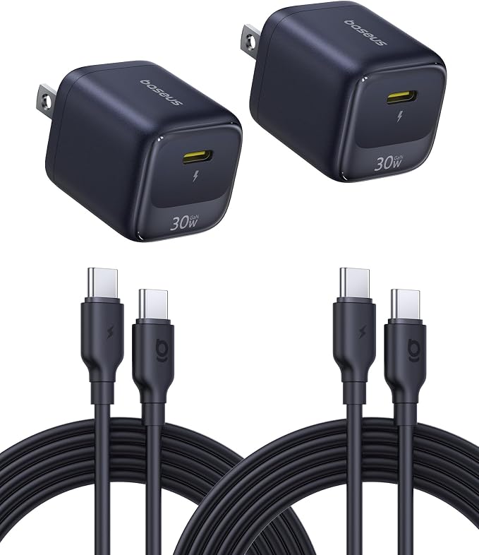 Baseus 30W USB C Charger Block, 2 Pack Fast Charger Type C with USB-C Cable | Compact Wall Charger for iPhone 17/16/15 Series, iPad, Galaxy S26/S25 Ultra and MacBook Air, Black by Baseus