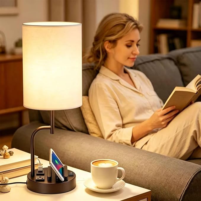Dreamholder 2 Pack Table Lamp, Bedside Lamp with 3 USB Charging Ports & AC Outlet, USB Desk Lamp with 2 Phone Holders, Linen Fabric Shade Nightstand Lamps for Bedroom Living Room Office, Dark Brown - Image 6