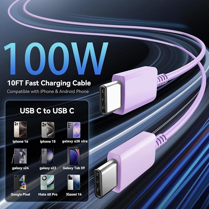 Super Fast Charger Type C 60W USB C Fast Charger Block with 10FT Extra Long Type-C Charging Cord-Super Fast Charging 3.0 for Samsung Galaxy S26 Ultra/S26/S26+/S25 /S24/S23 Ultra-Light Purple - Image 5