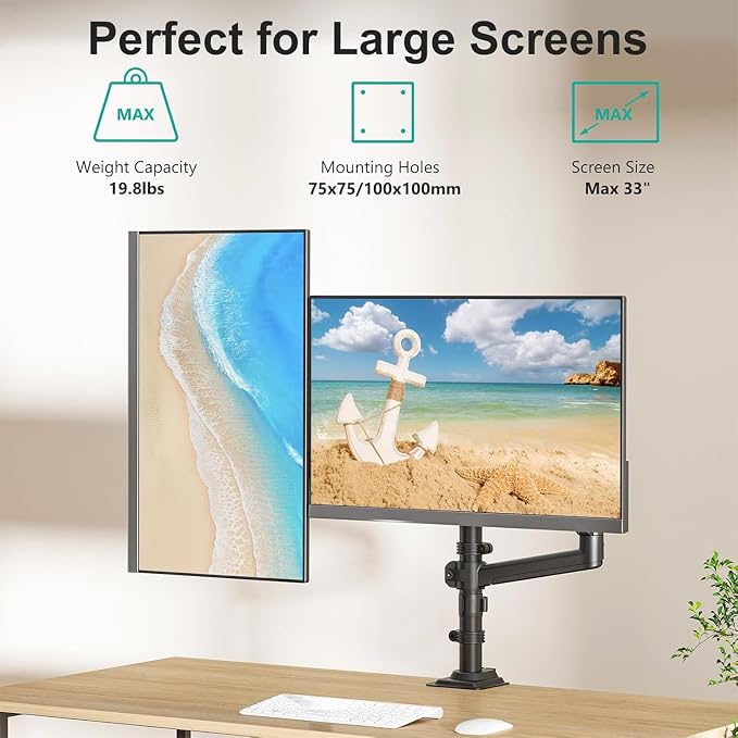 WALI Tall Dual Monitor Desk Mount for 13-33 inch Screens, 19.8 lbs per Arm | Dual Monitor Arms for 2 Monitors, Full Motion with Tilt, Swivel, Rotation, C-Clamp & Grommet, VESA 75/100mm (GSDM002), Black - Image 4