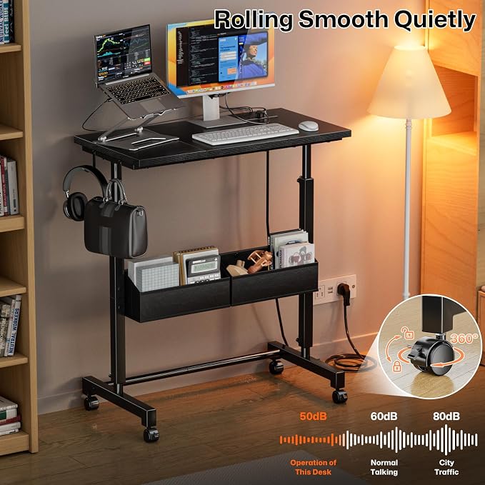 Small Mobile Standing Desk: 5-in-1 Charging Station - Power 5 Devices | Move & Charge in Any Room, Sit-Stand or Walk While Working, Store Supplies in Side Bags, Fits Small Spaces & Treadmills - Image 3