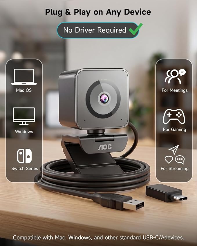 AOC 4K Webcam for PC, Sony Sensor, 1080P 60FPS Streaming Camera with PDAF | Computer Camera for Zoom/Mac/Switch 2, Privacy Cover, Plug & Play, 75° FOV, Tripod, USB A-C Adapter Included - Image 8