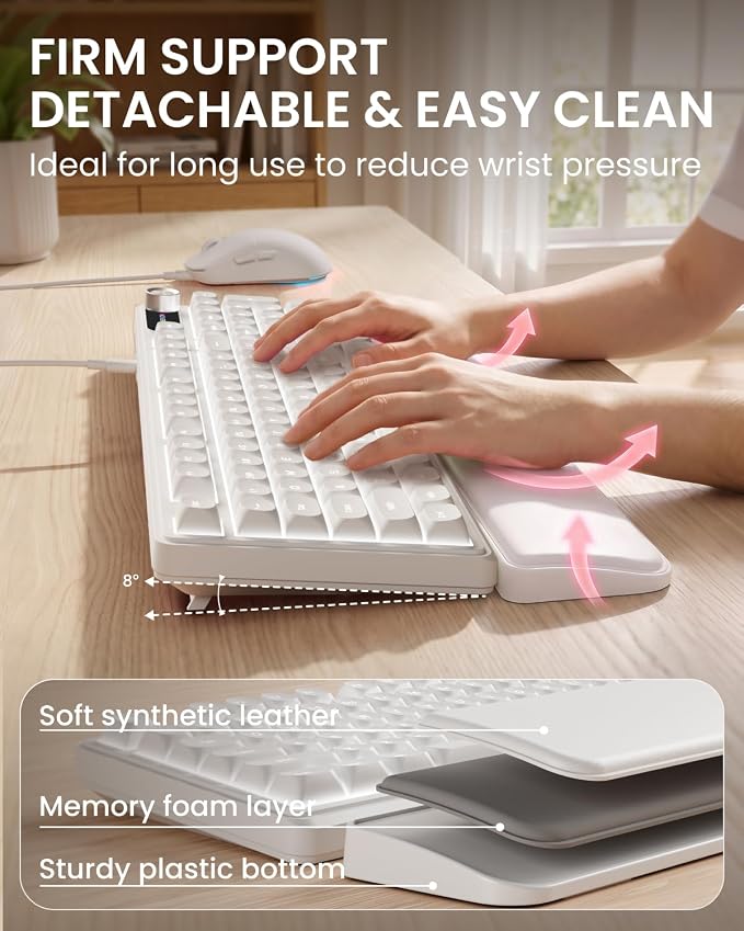 EWEADN Wired Keyboard and Mouse Combo with Detachable Wrist Rest, Quiet Ergonomic Keyboard Mouse Set with Multimedia Knob, RGB Backlit, Double-Shot Keycaps Natural Typing for Laptop, PC - White - Image 2