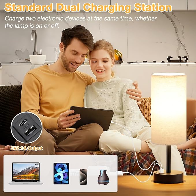 Dicoool Bedside Table Lamp for Bedroom - 3-Way Dimmable Touch Lamp, USB A+C | LED Bulb Included, 14" Small Nightstand Lamp for Desk, Living Room, Guest Room, Beige Fabric Lampshade, Black Metal Base - Image 4
