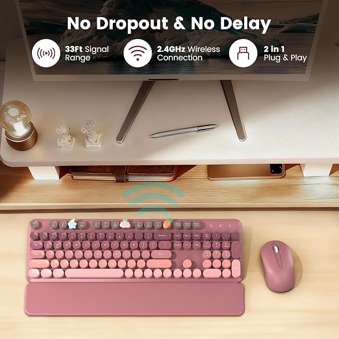 Wireless Keyboard and Mouse Combo, Round Keycaps, Full-Size Retro Typewriter Keyboard with Magnetic Wrist Rest, Tilt Legs, 2.4GHz Cordless for Mac, Windows PC, Laptop, SABLUTE CK23, Dusty Rose Ombre - Image 5