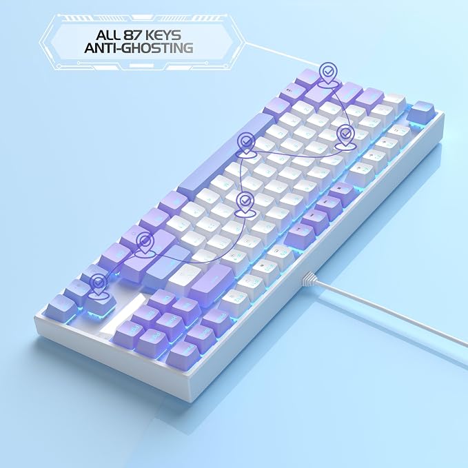 MageGee 75% Mechanical Gaming Keyboard, Red Switch, LED Blue Backlit, 87 Keys Compact TKL Wired Computer Keyboard for Windows Laptop PC Gamer - White/Purple - Image 5