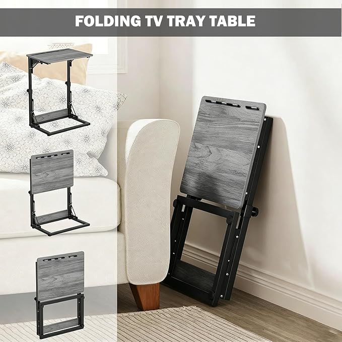 Folding TV Trays Set of 2, Adjustable Height TV Trays for Eating on Couch | TV dinner tray table with tablet&phone slots,c shaped end table,laptop desk for sofa,bedside,recliner,dining,working,gaming - Image 5
