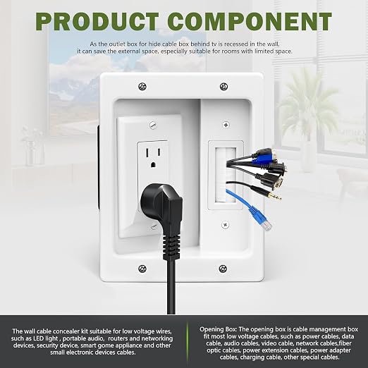 Wall Cable Concealer Management Box Recessed Outlet Wall Mount Behind TV | Cable Management Recessed Outlet Kit in Wall TV Connection Kit Hides Power Cables & Low Voltage Wires Fits All Plugs - Image 6