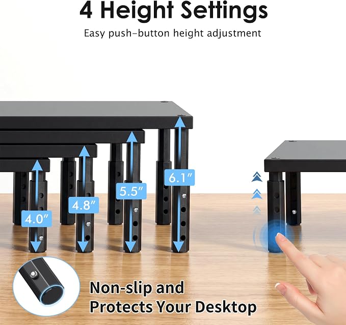 Adjustable Monitor Stand Riser for Desk, Wood Computer & Laptop Stand, Desk Organizers and Accessories, Office Desk Accessories & Workspace Organizer for Home Office Supplies, Black 2-Pack - Image 2