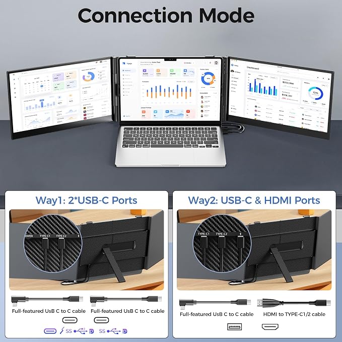 Laptop Screen Extender, 14" Ultra Thin Lightweight(2.2lb) FHD 1080P Triple Portable Monitor for Laptops 13-17.3", Plug-Play Aluminum Dual Monitor Extended for Mac/Windows, Business/Travel/Home/Office - Image 5