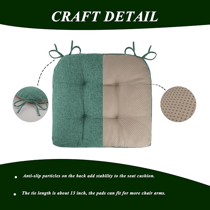Chair Cushions for Dining Chairs Set of 2, 18"x18"x3", Green | Non-Slip with Ties, Tufted, Faux Linen, Seat Cushions for Dining Room Kitchen Breakfast Nook Indoor Home Office Living Room - Image 3