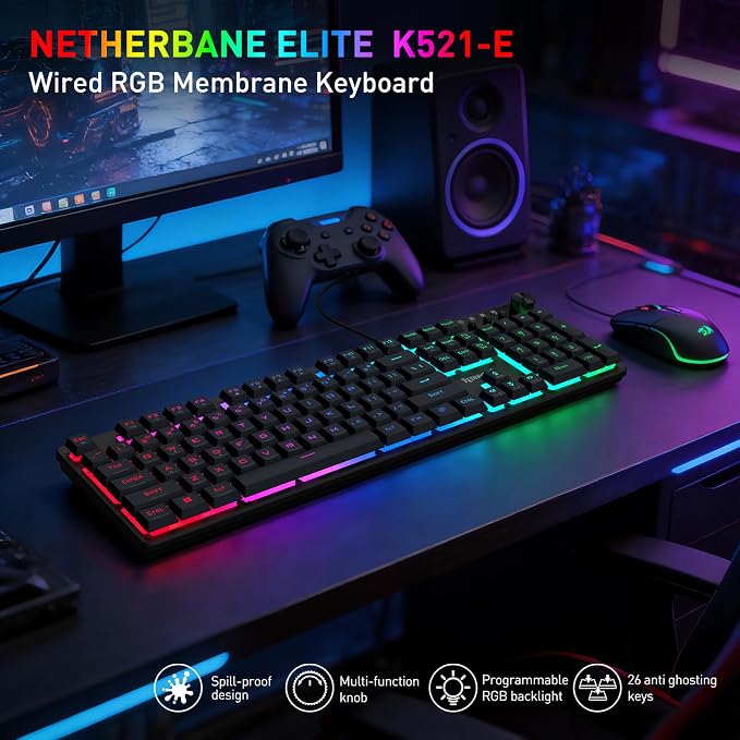 Redragon K521-E Gaming Keyboard with Knob, RGB 104 Keys Wired Keyboard | Mechanical Feeling Keyboard, 12 Multimedia Keys, Anti-Ghosting, Programmable Software, Compatible with PC, PS4/5, Xbox - Image 2