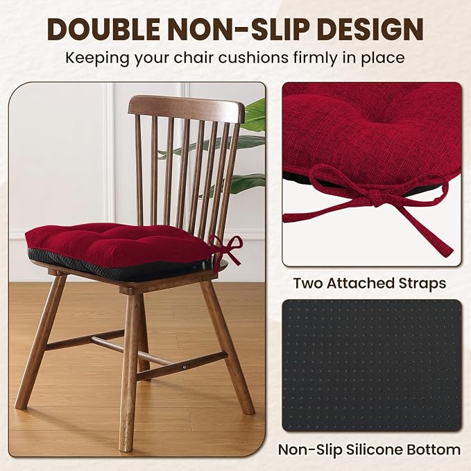 downluxe Indoor Chair Cushions for Dining Chairs, Tufted Overstuffed Textured Kitchen Chair Pads with Ties and Non-Slip Backing, 15.5" x 15.5" x 4", Red, 4 Pack - Image 4