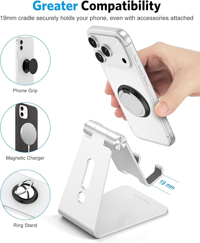 OMOTON C2 Adjustable Aluminum Cell Phone Stand with Charging Cutout, Silver | Sturdy 3mm Base with Non-Slip Silicone Pads, Multi-Angle, Works with 19mm Thick Cases Smartphones, Desktop Recording Facetime - Image 5