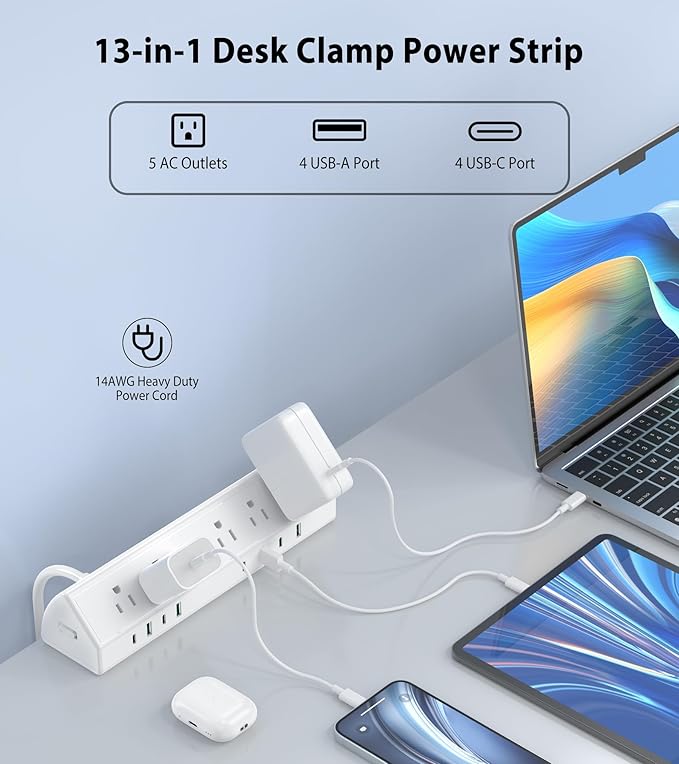 Jgstkcity Desk Clamp Power Strip USB C 45W,8 USB,15FT Cable,White | 4 USB-C,Edge Mount,1875W Extension Cord,15A Switch,ETL Listed,Office,Gaming,Dorm - Image 2