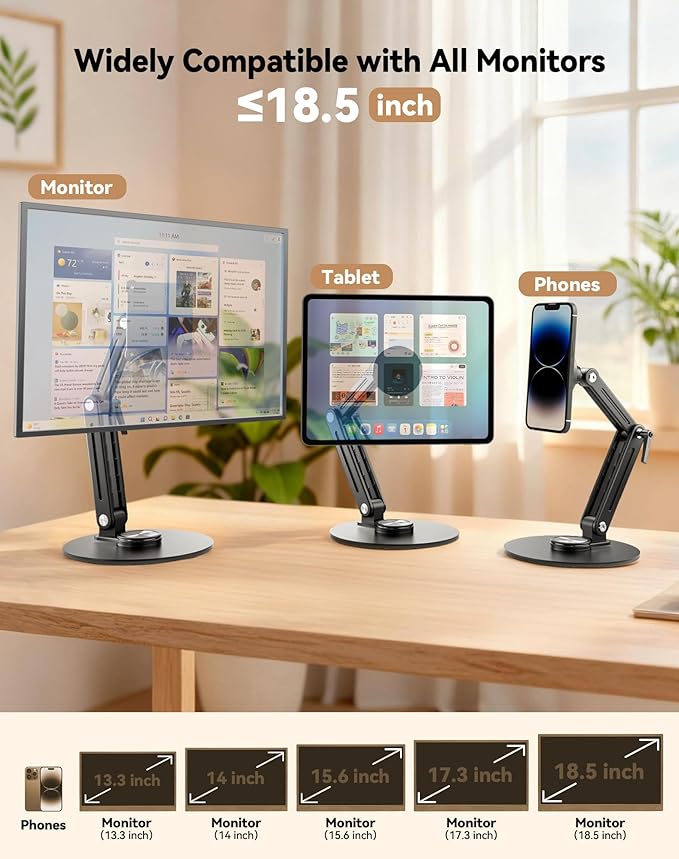 Jakeko Magnetic Portable Monitor Stand VESA Mount 75mm Travel 360° Swivel | L-Shaped Hand Wrench,13.3" 14.1" 15.6" 17.3" 18.5 Inch Screen,Thickened Base,Fully Folds Flat For Easy Storage,Solid Aluminum - Image 2