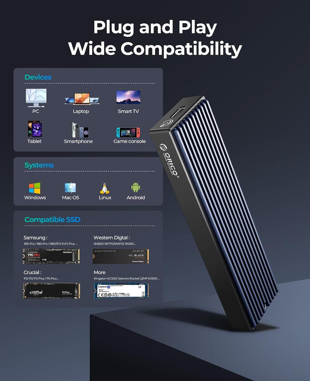 ORICO M.2 NVMe SSD Enclosure, USB 3.1 Gen 2 (10 Gbps) PCIe External Adapter NVMe Case for 2230/2242/2260/2280 M.2 SSD up to 8TB, UASP Supported - M2PV - Image 6