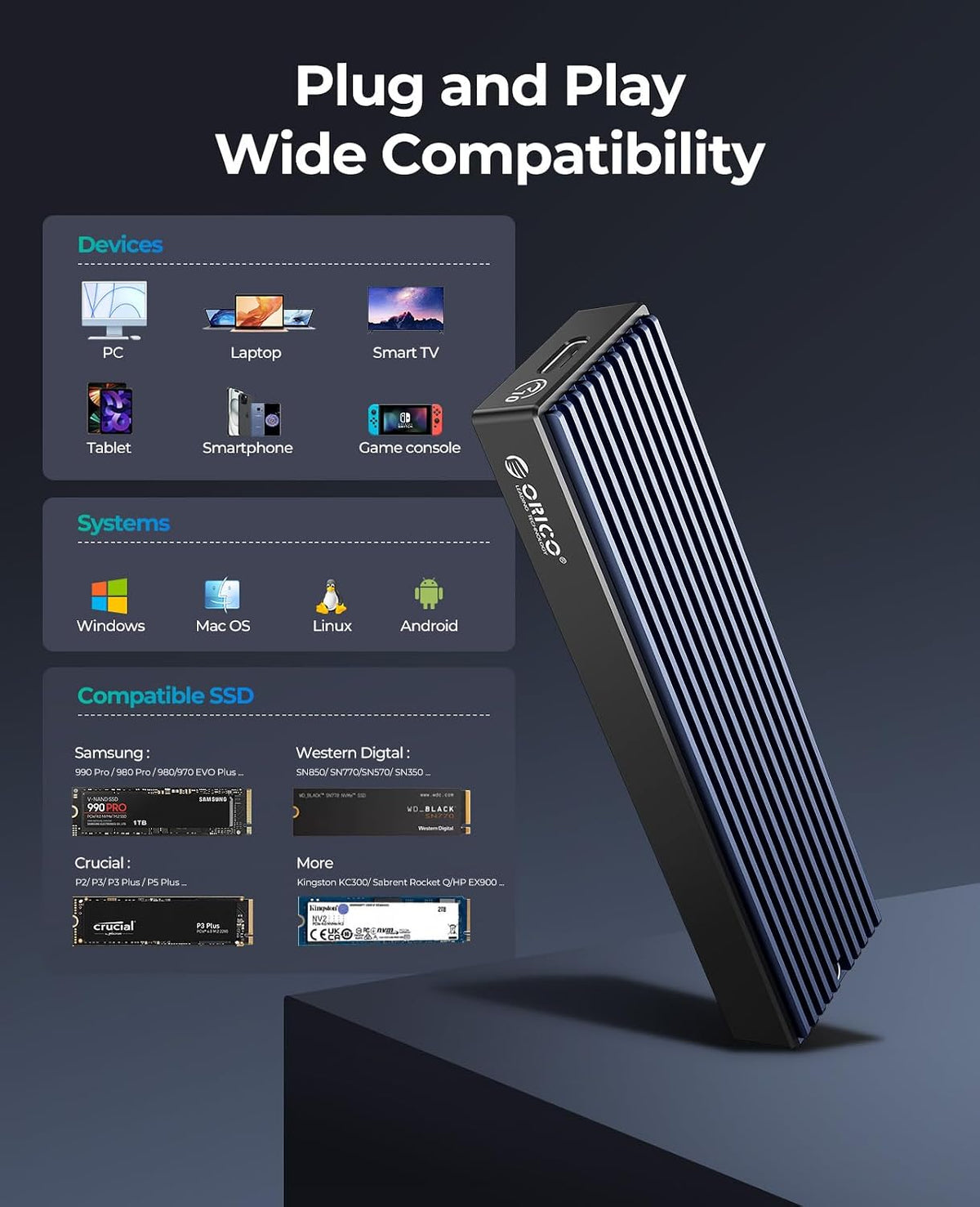 ORICO M.2 NVMe SSD Enclosure, USB 3.1 Gen 2 (10 Gbps) PCIe External Adapter NVMe Case for 2230/2242/2260/2280 M.2 SSD up to 8TB, UASP Supported - M2PV - Image 6