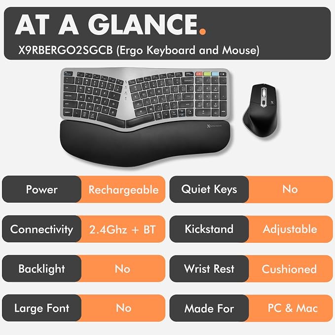 X9 Ergonomic Keyboard and Mouse Wireless Combo - Ergo Split Keyboard with Wrist Rest and Mouse, 2.4G and Bluetooth, Full-Size Wireless Carpal Tunnel Ergonomic Keyboard and Mouse for Laptop and PC - Image 7