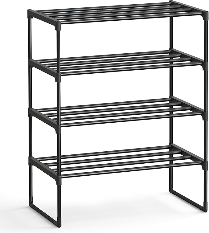 SONGMICS Shoe Rack, 4-Tier Shoe Organizer, Metal Storage Shelf | for Entryway, Upright or Upside Down, for 10-15 Pairs, Stackable, 11.8 x 26.8 x 28.9 Inches, Black ULSA204B01 by Unknown