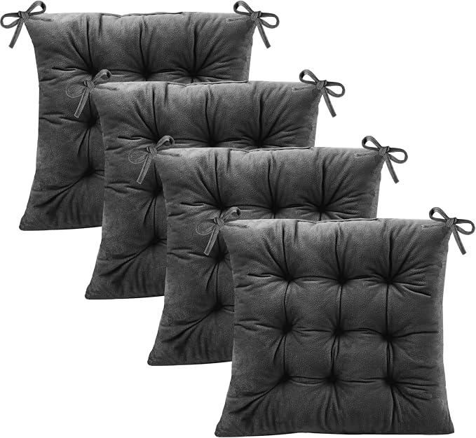 4 Pack Square Seat Cushion Chair Pads for Kitchen Dining Chairs, Soft Comfort Velvet Chair Mat Pillow Cushions with Ties for Office Desk Living Room Tatami 15.5", Dark Gray by MissSoul