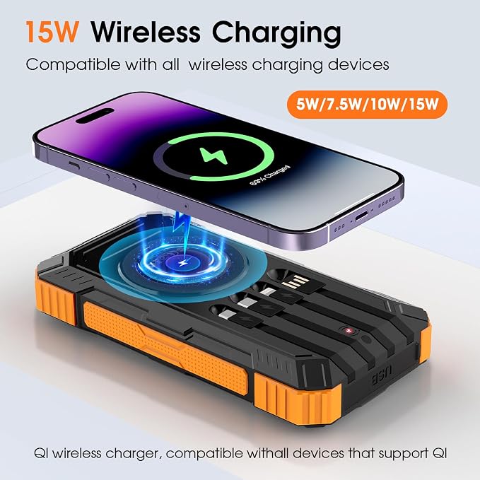 Solar Power Bank,49800mAh Wireless Portable Phone Charger with Built-in 4 Cables,22.5W Fast Charging External Battery Pack PD 3.0 USB-C In/Output for iPhone,iPad,Android,Perfect for Camping, Hiking - Image 3