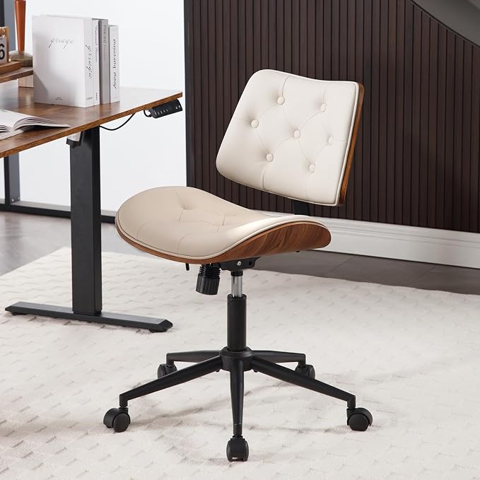 Armless Home Office Chair in Button Style, PU Leather Small, Beige | PU Leather Adjustable Height Computer Desk Chair, 360 Swivel Small No Arms Office Seat, Walnut Design Stool, 300LBS Cap - Image 4