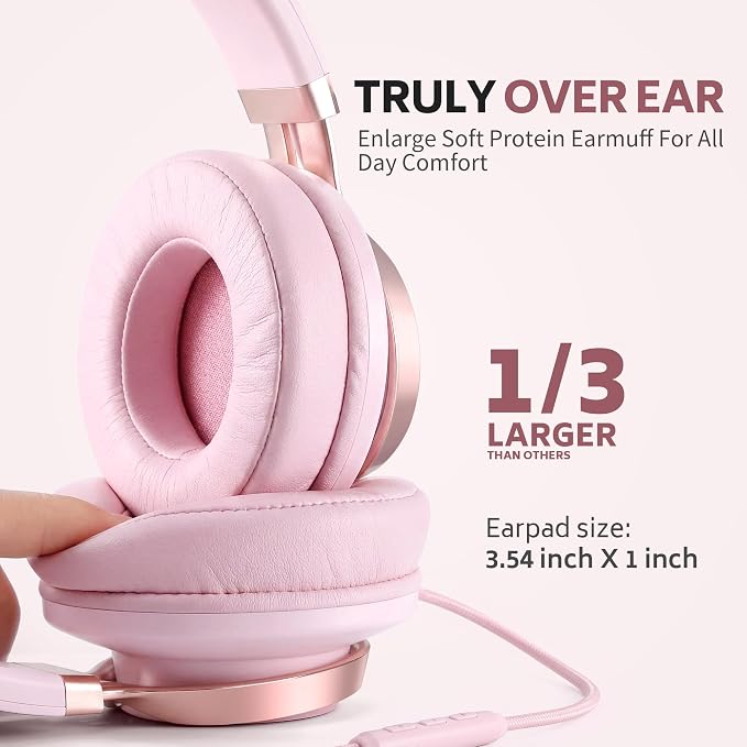 Wired Over-Ear Headphones Pink with Mic for School Work, 3.5mm Jack | Corded Passive Noise Isolating Stereo Headphones with Volume Control, Comfort Protein Leather Earcups for Teens, Women, Girls - Image 2