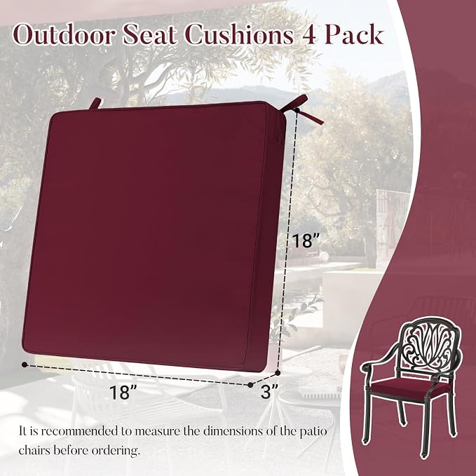 Basic Beyond Outdoor Chair Cushions for Patio Furniture, Waterproof Outdoor Seat Cushions Set of 4 18 x 18, Patio Chair Cushions Set of 4 with Ties and Handle, Burgundy - Image 6