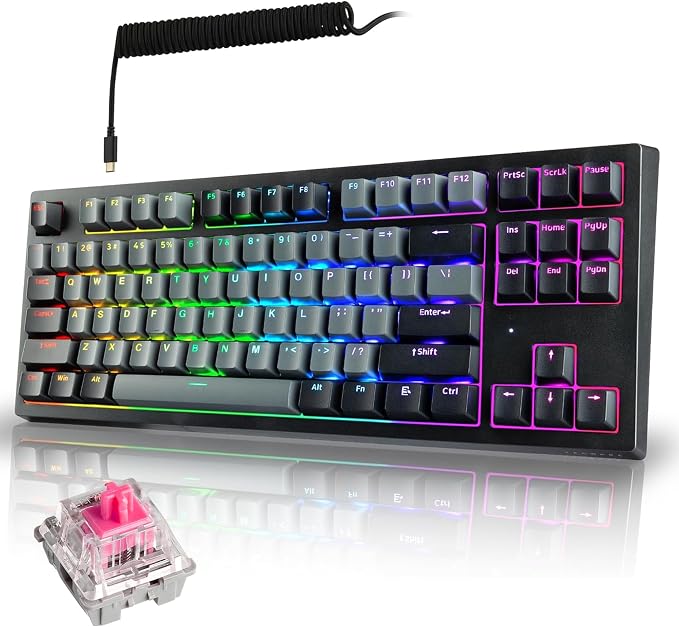 TECWARE Phantom+ Elite 87 Key RGB Mechanical Gaming Keyboard | 3 Mode Wireless Bluetooth 5.0 2.4GHz & USB C Wired | Hot Swappable 5 Pin | Double Shot PBT Keycaps | Wraith Pink Switch - Black by Tecware