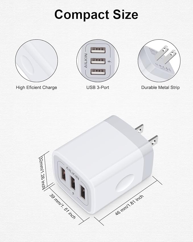 USB Charger Cube Wall Charger Plug AILKIN 3.1A 3 Muti Port USB Adapter Plug | USB Charging Station Box Base for iPhone 17 16 15 14 13 12 Pro Max Mini SE 11 Pro Max Samsung Phones Charging Block - Image 3