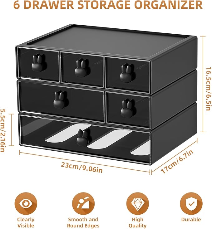 Marbrasse Desk Organizer with 6 Drawers, 3 Tier Stackable Storage Drawers Plastic Makeup Storage, Office Organizers and Storage, Desk Storage Box for Office, School, Home Black - Image 2