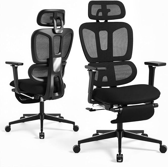 Ergonomic Office Chair with Footrest and Dynamic Lumbar Support, Black | Reclining high-back computer chair, memory foam seat, 4D armrests, 2D headrest, mesh desk chair for home office, long hours by GleeMatrix