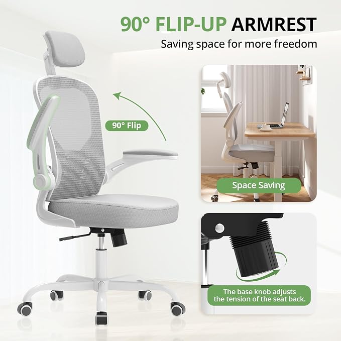 Office Chair|330LBS Capacity Ergonomic Desk Chair | High Back Computer Chair,Long Hours Comfortable,Rolling Swivel,Flip-up Armrests,Home Office - Image 4