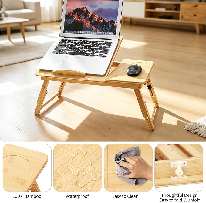 Laptop Desk for Bed, Foldable Bed Tray, Adjustable Angle & Height | Bamboo Laptop Stand with Cup Holder and Drawer, Portable Lap Desk for Couch Sofa Floor, Ideal for Breakfast, Writing, Drawing - Image 6