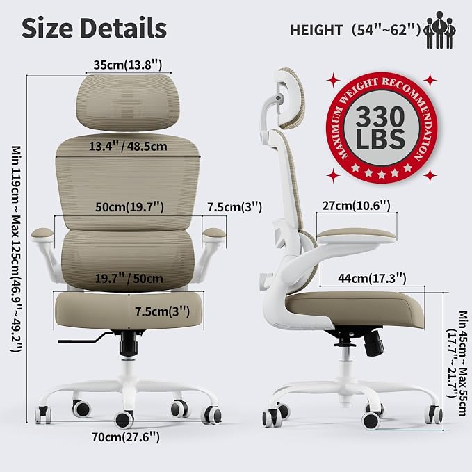 TRALT Office Chair Ergonomic Desk Chair - Gaming Chair with Lumbar Support | 330 LBS Home Office Desk Chairs with Headrest, Reading Chair with Flip-up Armrests, Comfortable Computer Chairs (1, Khaki) - Image 2