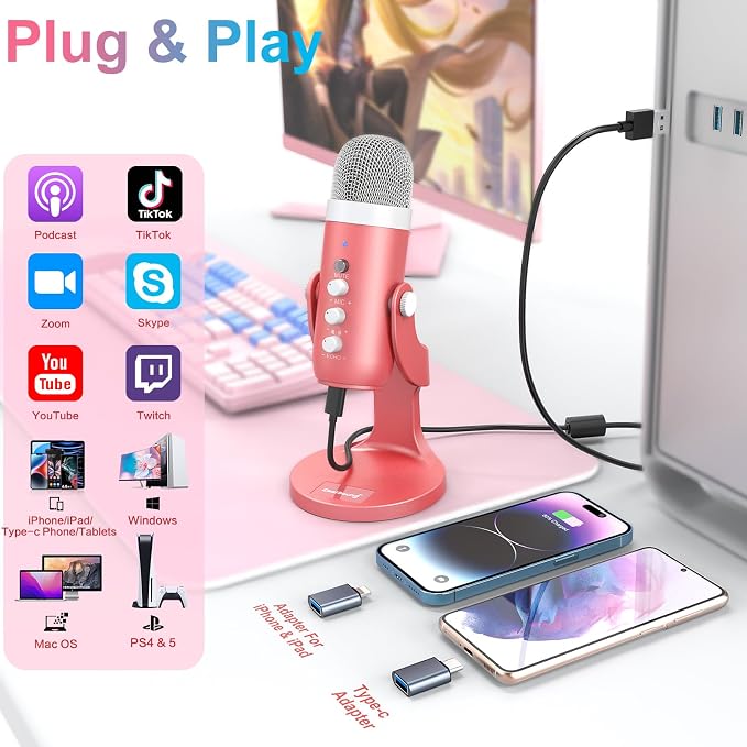 ZealSound Podcast Microphone, Noise Cancellation Mic with Gain, Volume Adjustment & Mute Button, Monitor & Echo, for ASMR, Vocal Recording, YouTube, TikTok, PC, iPhone, iPad, Android, Pearlescent Pink - Image 2