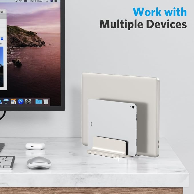 OMOTON Dual Vertical Desk Laptop Stand Holder, Fits MacBook Air, Starlight | Aluminum Laptop Storage Rack for Desk, Adjustable Dock for Up to 17.3 in. Gaming Laptop, Space-Saving Desk Organizer - Image 8